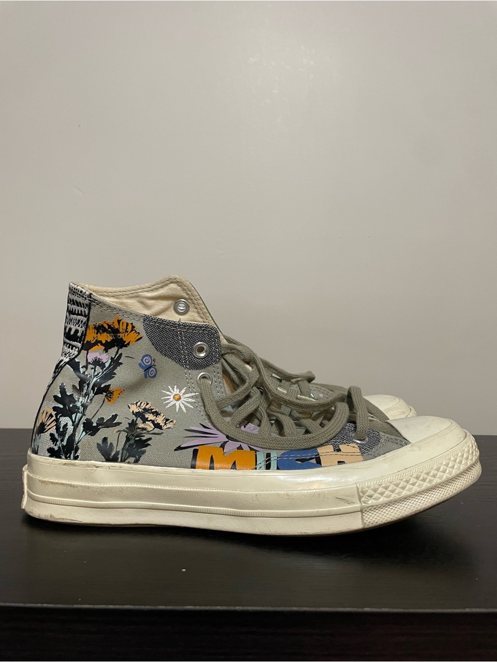Converse High-Top Sneakers in Olive Green with Floral Print | Womens 9 | Mens 7